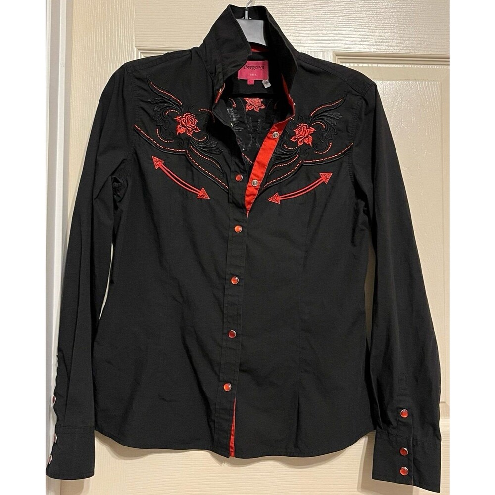 Patrona USA Embroidered Red Rose Western Pearl Snap Shirt Black Women's L *READ